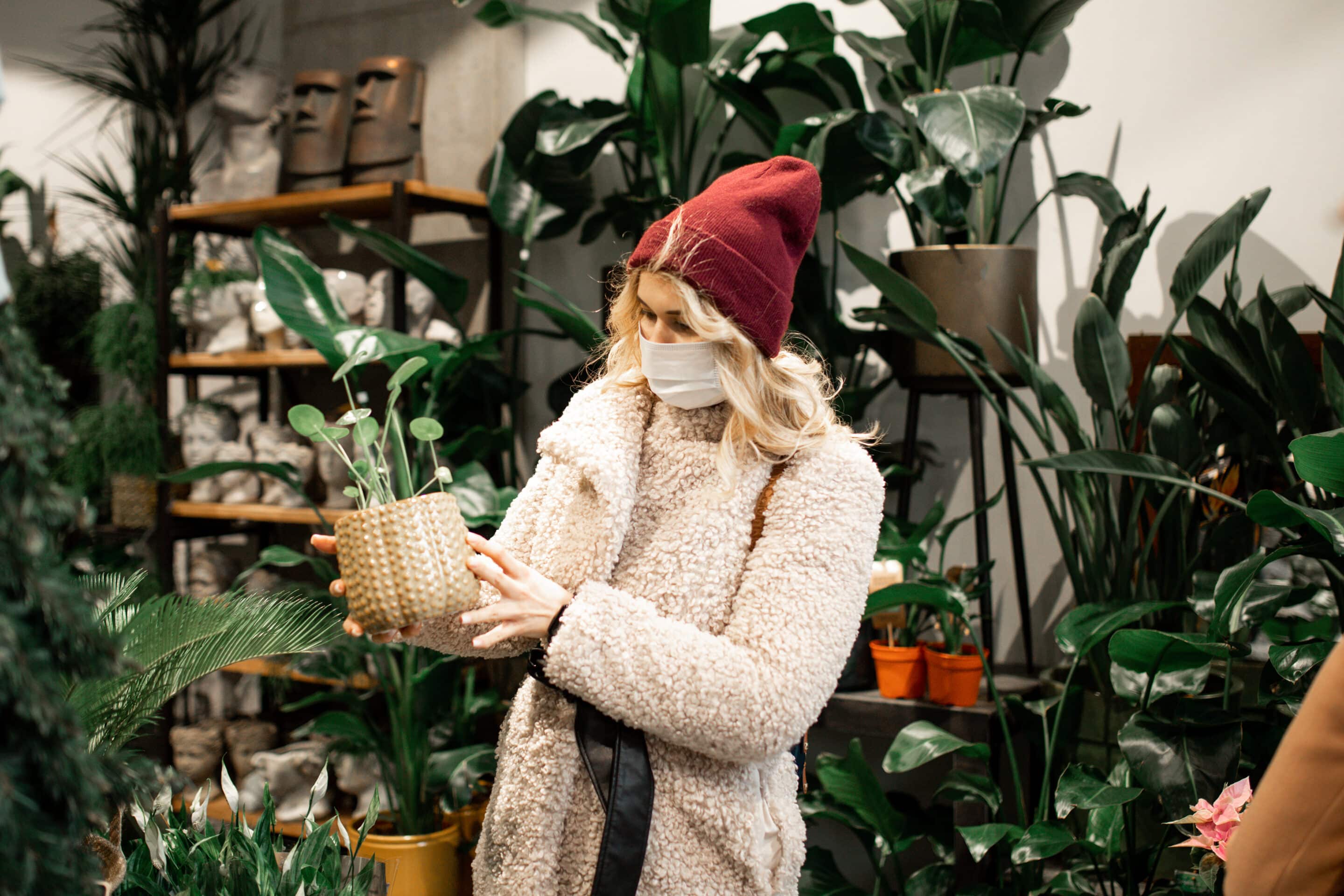 vrouw koopt binnenplanten in een winkel in een prettig binnenklimaat